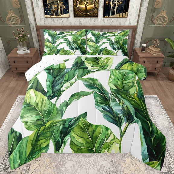 Feelyou Green Tropic Leaves Full Size Comforter Sets, Watercolor Plant Bedding Comforter Set, Summer Botanical Theme Reversible Bedding Sets, Ultra Soft Bedroom Decor, 3-Piece