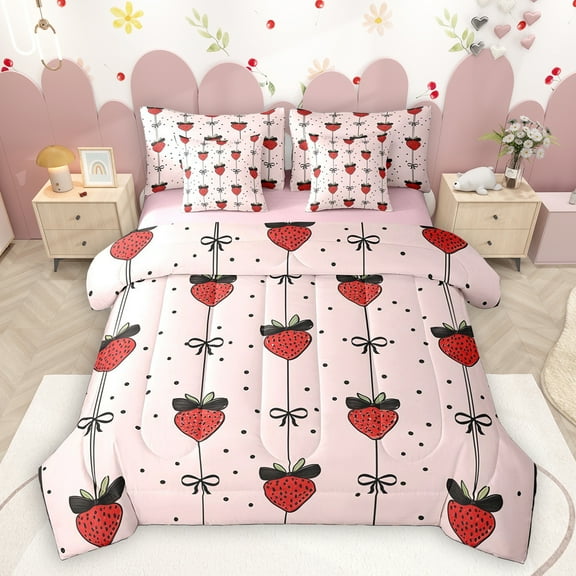 Homewish Kawaii Sweet Strawberry 7-Piece Twin Bedding Sets,Cute Bowknot Ribbon Bedding Comforter Set,Black Polka Dots Sheet Sets For Girl Teens,Super Cozy Room Decor Reversible