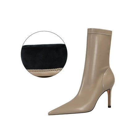 

SIMANLAN Women Casual Mid Calf Boots Breathable Stiletto Heel High Heels Work Anti-Slip Winter Warm Khaki Plush Lined 7