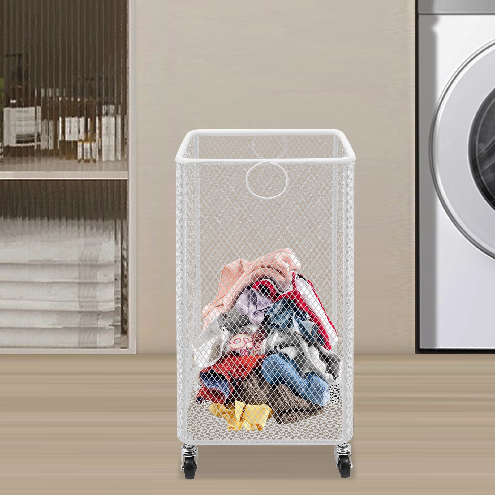 Square Rolling Laundry Basket, White Iron Dirty Clothes Hamper with Wheels, Moisture-Proof Storage Cart for Bathroom Bedroom