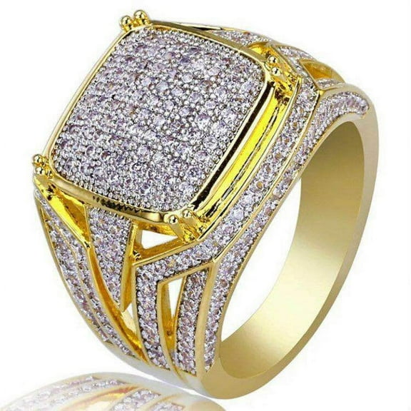 Mens Yellow Gold Ring Geometric Design Metal Band for Men European American Fashion Jewelry Ring Gift for Him