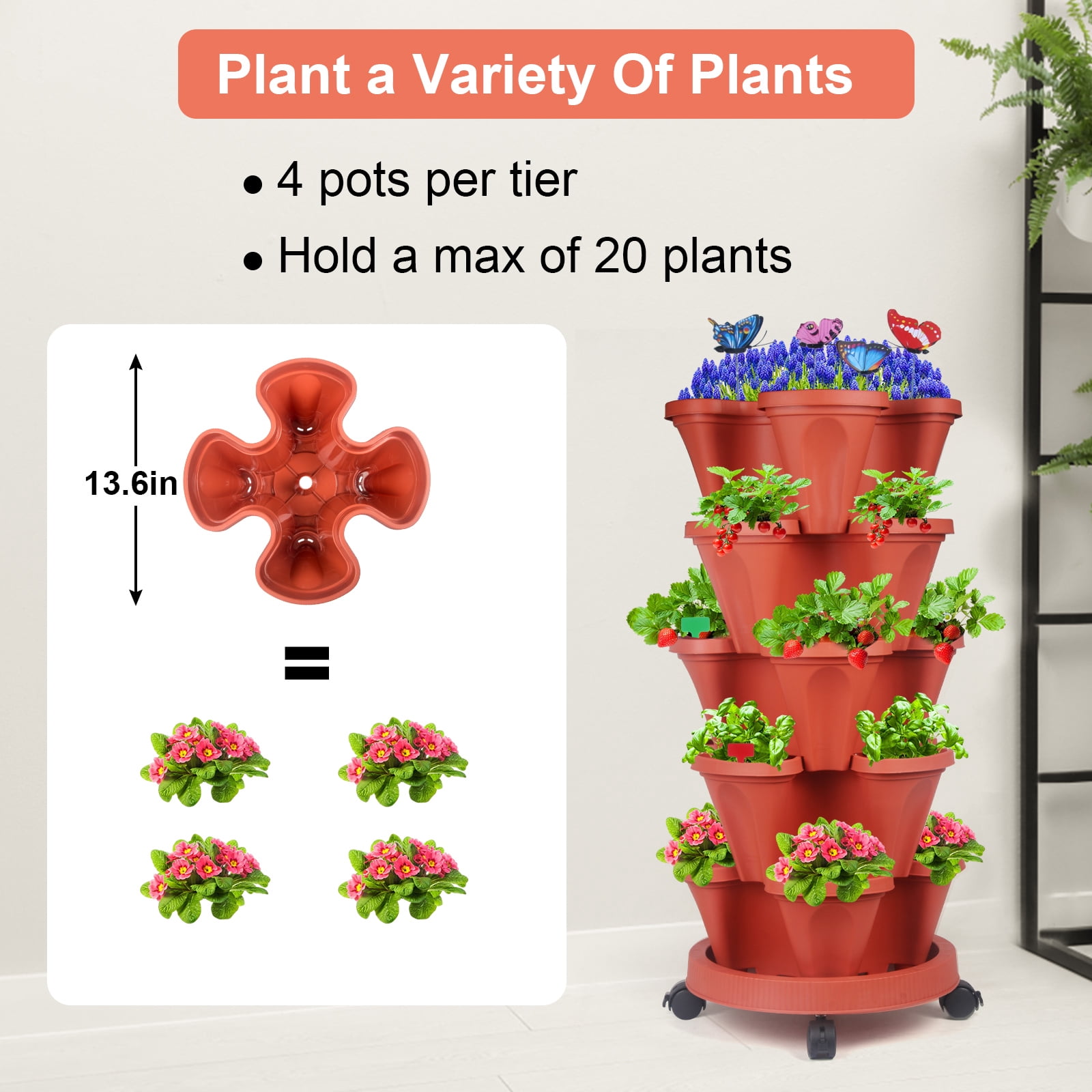 Strawberry Planter, 5 Tier Stackable Gaden Tower for Flowers, Vegetables, Grow Your Own Herb Garden Vertical Oasis of Vegetables and Succulents,Red