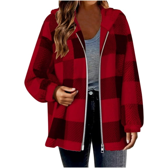 biudgviw Fuzzy Fleece Jackets for Women Plus Size Comfy Casual Zip Up Long Sleeve Hooded Coats Warm Plaid Trendy Winter Outwear