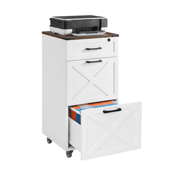 Rolling File Cabinet, 3-Drawer, Lockable Top Drawer, Rustic Farmhouse Design, Under-Desk Storage