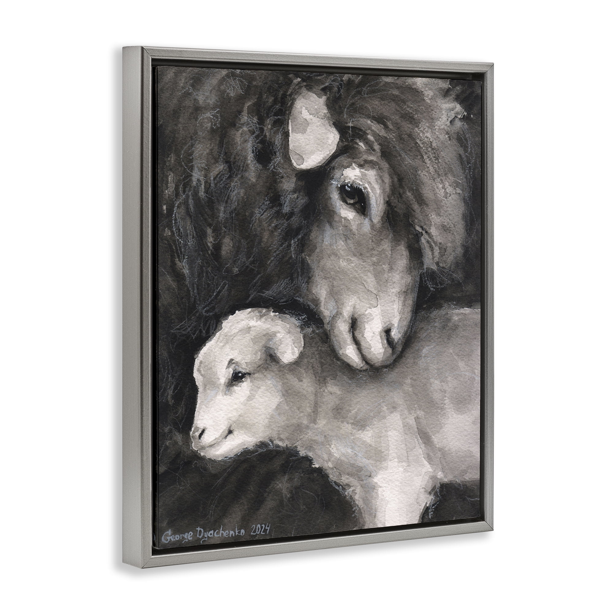 Stupell Industries Cuddling Sheep & Lamb Animals Painting Gray Floater Framed Canvas Art Print Wall Art, 17 x 21
