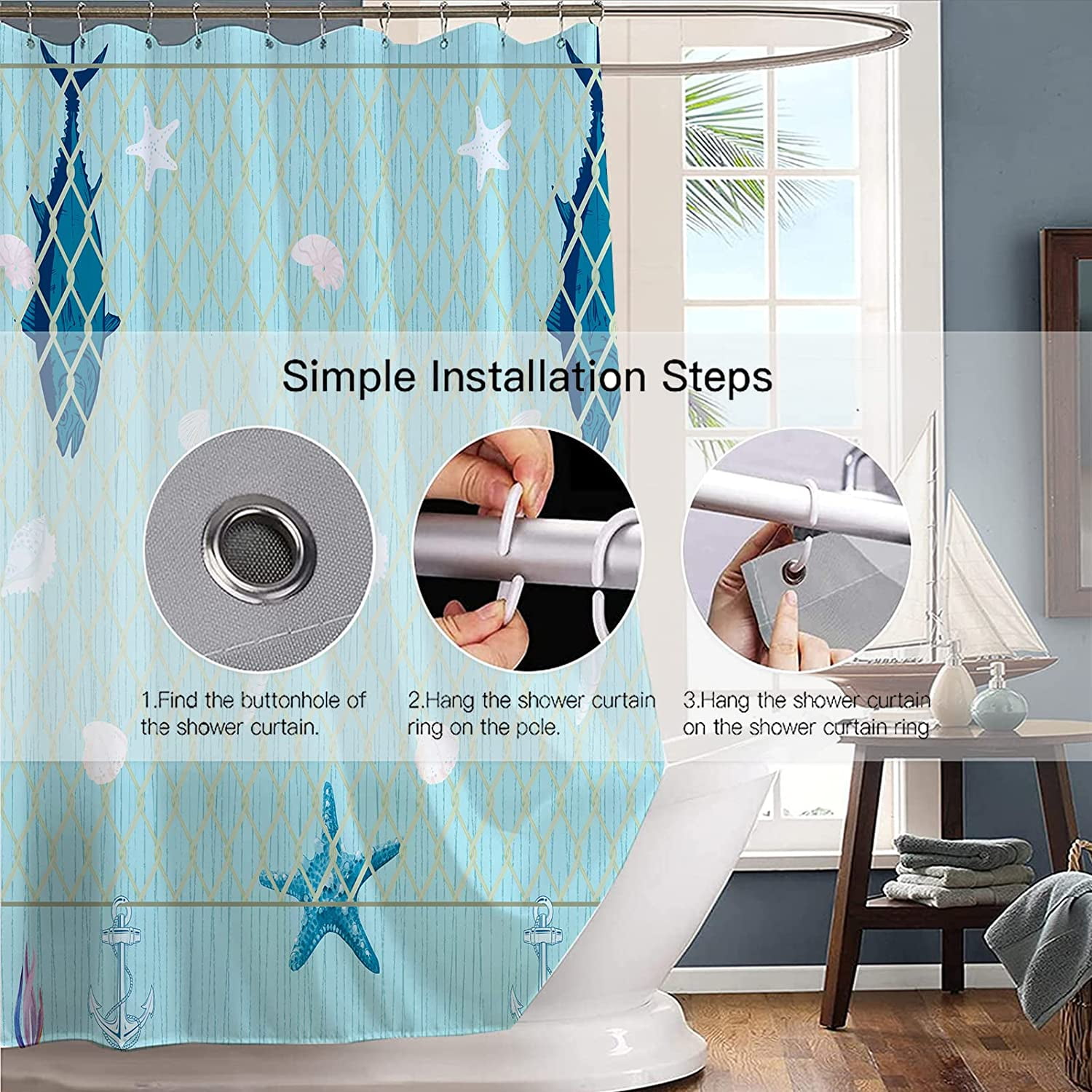 Rustic Nautical Shower Curtain,Lighthouse Sailing Beach Bathroom Shower Curtains,Navy Blue Coastal Bath Curtains Sets with 12 Hooks 72x72in,Waterproof Fabric