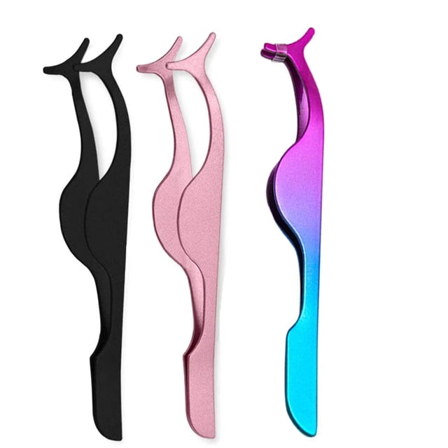 Eyelashes Tweezers Professional Eyelash Extension False Eyelash Applicator Tool Remover Clip Stainless Steel - Black, Champagne Purple,Assorted Color