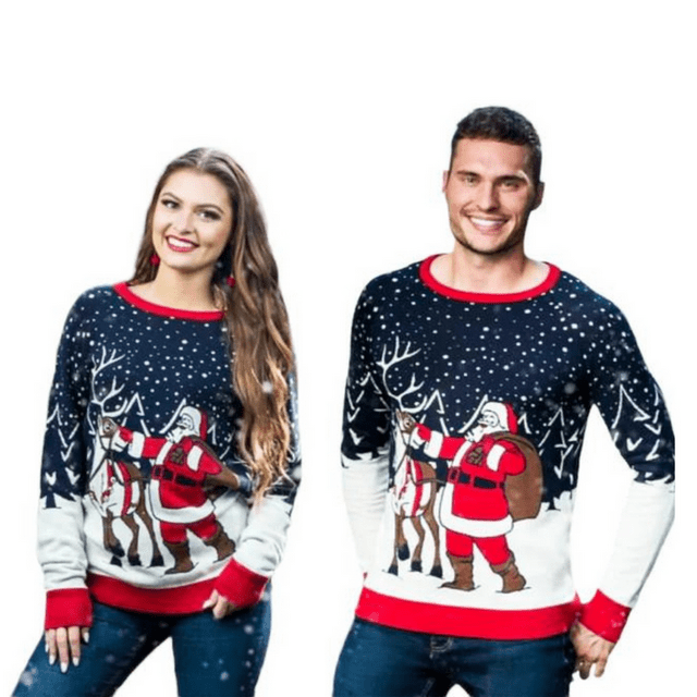 Couple - Santa And Reindeer Sweater Couple's Ugly Christmas Sweater