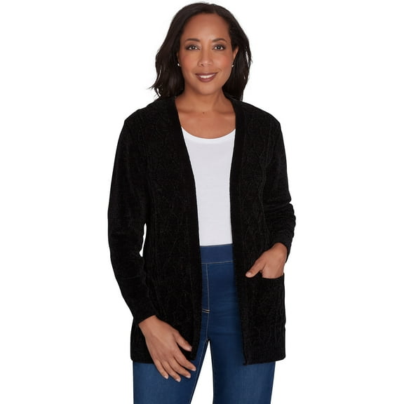 Alfred Dunner Womens Petite Chenille Cardigan With Pockets
