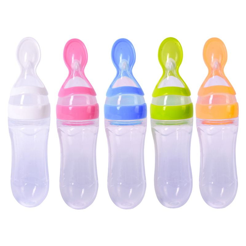 Toddler Silicone Squeeze Feeding Bottle With Spoon Food Rice Travel Bottle DE 