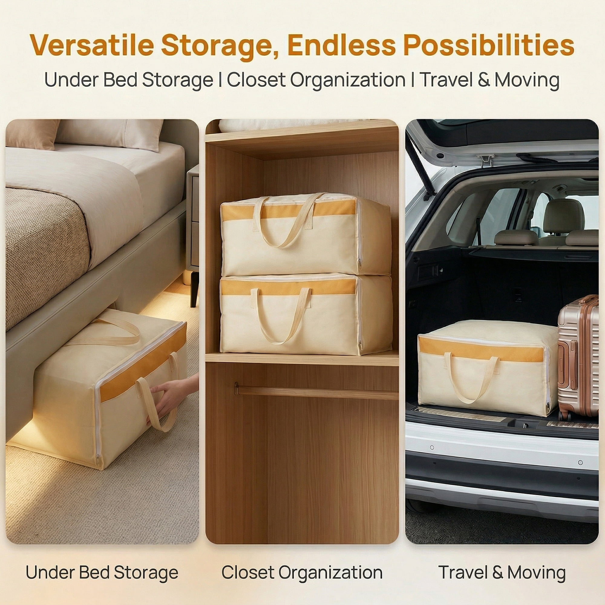 Unique Bargains Foldable Storage Bags for Taking in Clothes Beige 27.6"x19.7"x9.8"