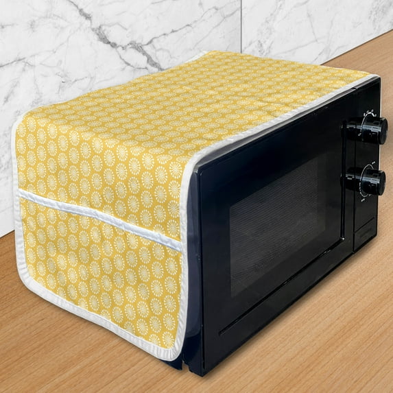 Yellow and White Microwave Oven Cover, Monochrome Ornament Pattern Abstract Dandelion Blossoms Shabby Colors, Water Resistant Organizer with Pockets Kitchen, 36" x 12", Marigold White, by Ambesonne