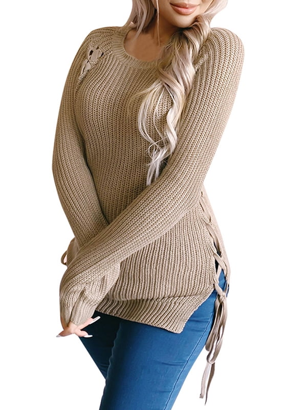 Women Long Sleeve Sweater Knitted Tops Pullover Ladies Casual Lace Up Jumper