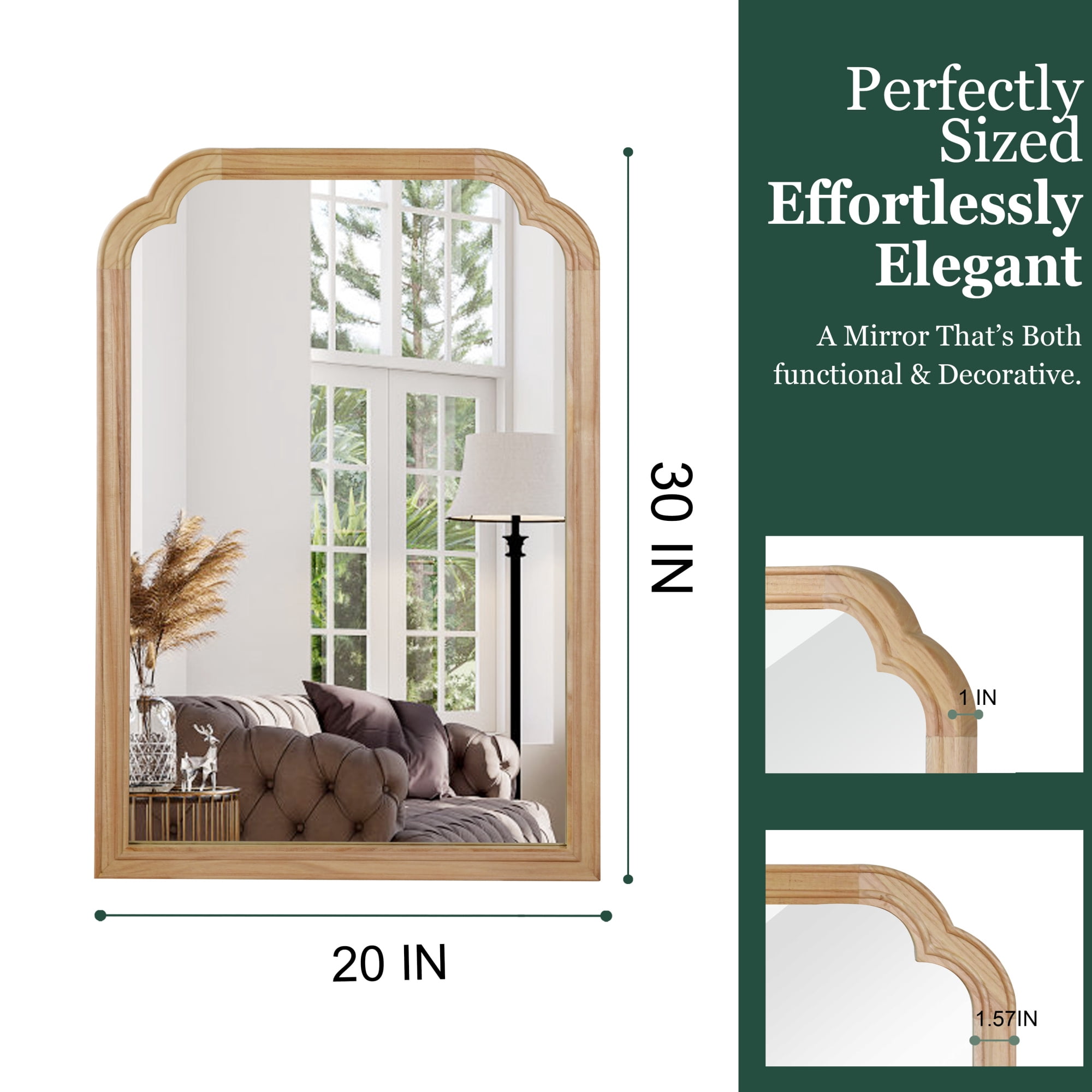 Leumius 20"x 30" Rounded Corner Mirror, Solid Wood Frame Decorative Mirror for Bedroom Bathroom Living Room Entryway Natural