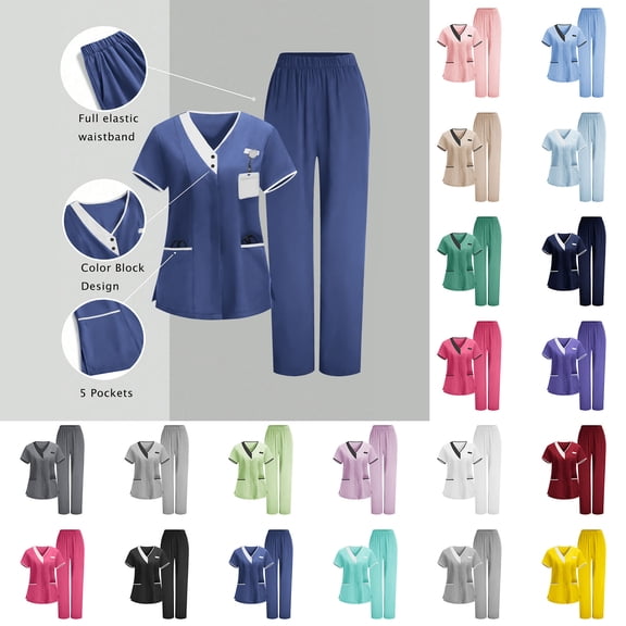 Women's Scrubs Set, V-Neck Contrast Trim Short Sleeve Top & Elastic Waist Pants, Professional Medical Uniform for Nurses, Healthcare Workers, Clinic Staff & Caregivers, Sizes S-3XL