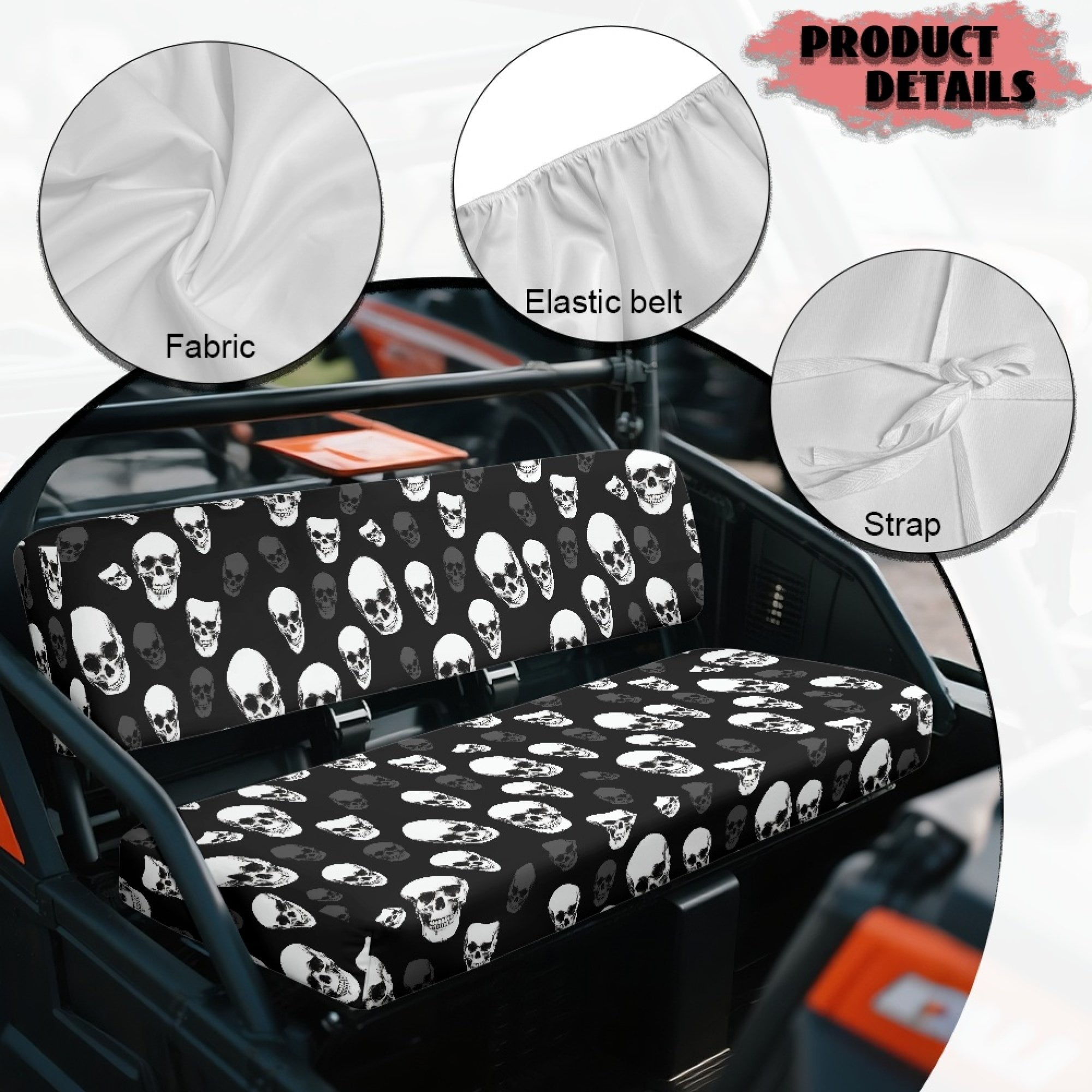 ZIATUBLES 2-Pack Waterproof UTV Seat Covers with Black Skull Print, Replacement Bench Seat Protectors Compatible with Kawasaki Mule 3000 3010, Wear-Resistant Polyester UTV Seat Decor Covers