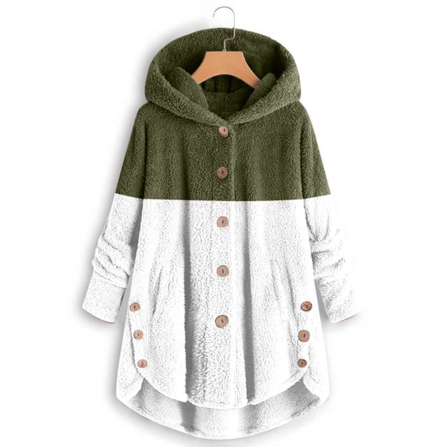 EGNMCR Winter Coats for Women Warm Lightweight Fleece Plush Button Hooded Jacket Comfy Color Block Patchwork Wool Coats with Pockets