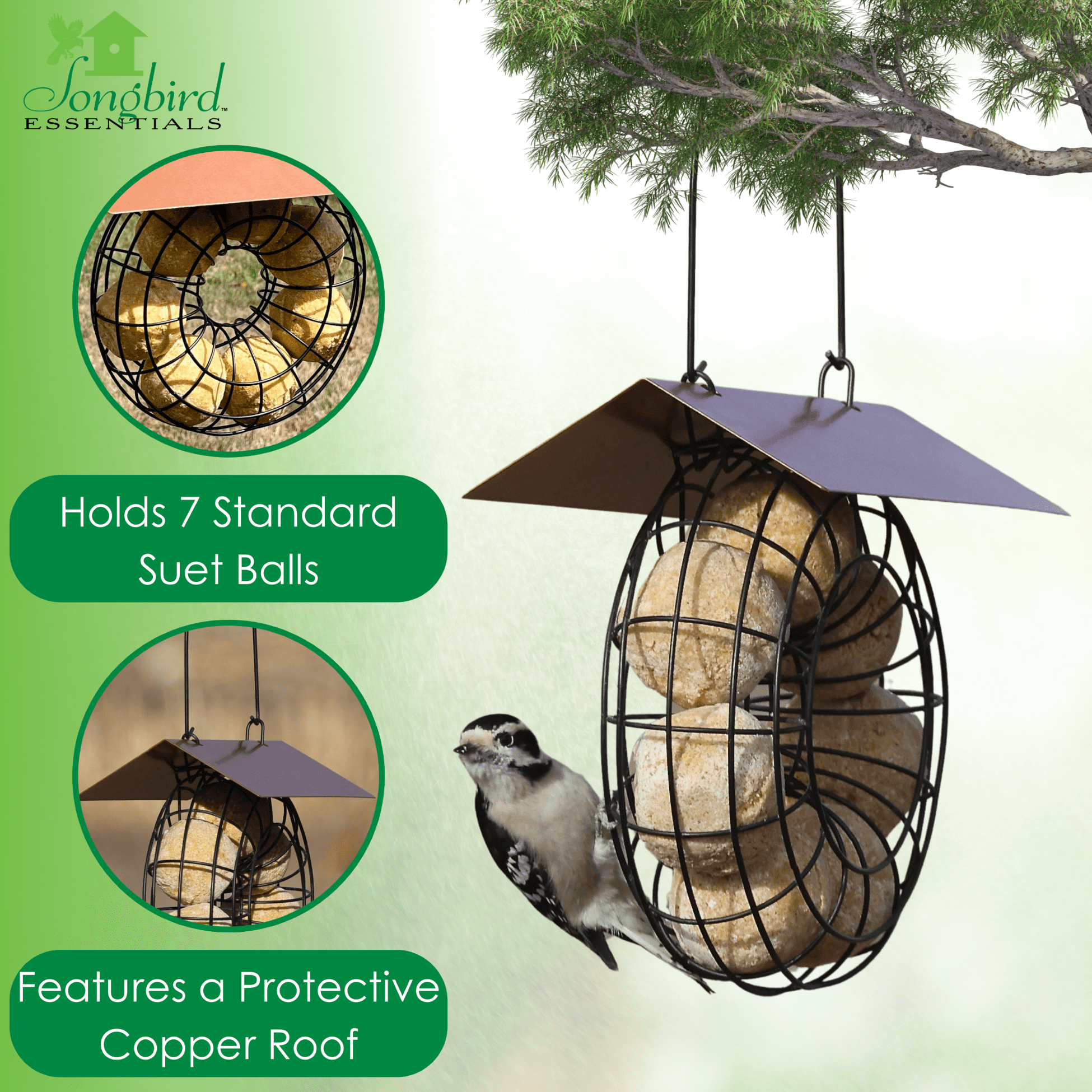 Songbird Essentials Suet Feeder for Suet Balls Metal Hanging Bird Feeder, 6 Suet Ball Capacity Copper