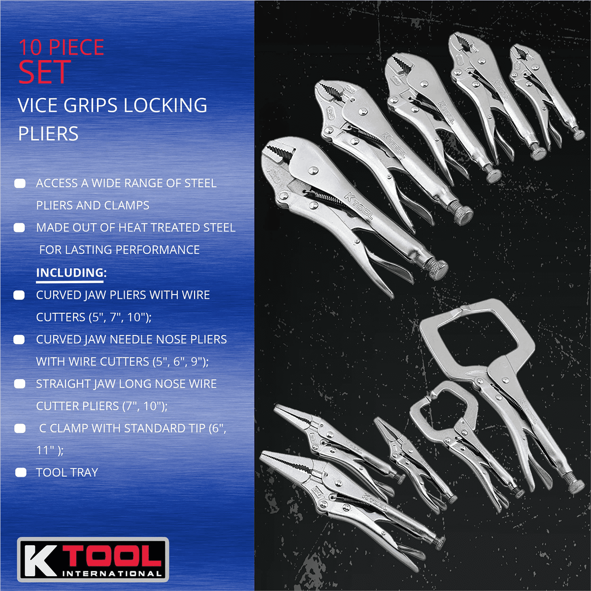 K-Tool DLS-10 Vice Grips Locking Pliers 10pc Set of Automotive Tools