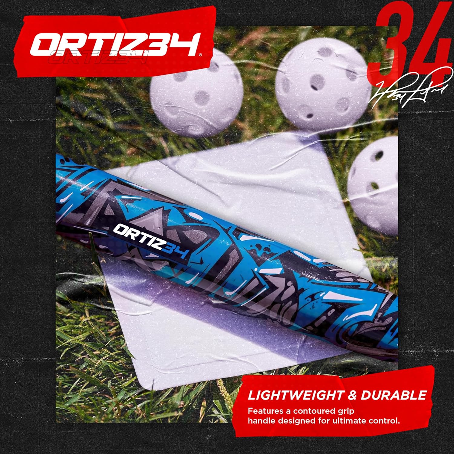 Ortiz34 29" Graffiti Plastic Bat & Ball Set, David Ortiz Backyard Baseball Homerun Set for Youth, Kids, Teens & Adults