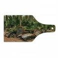 thumbnail image 1 of Rustic Cutting Board, Rusty Broken down Tractor Mule Truck Deep in Forest with Tropical Palm Trees Image, Tempered Glass Cutting and Serving Board, Wine Bottle Shape, Brown Green, by Ambesonne, 1 of 1