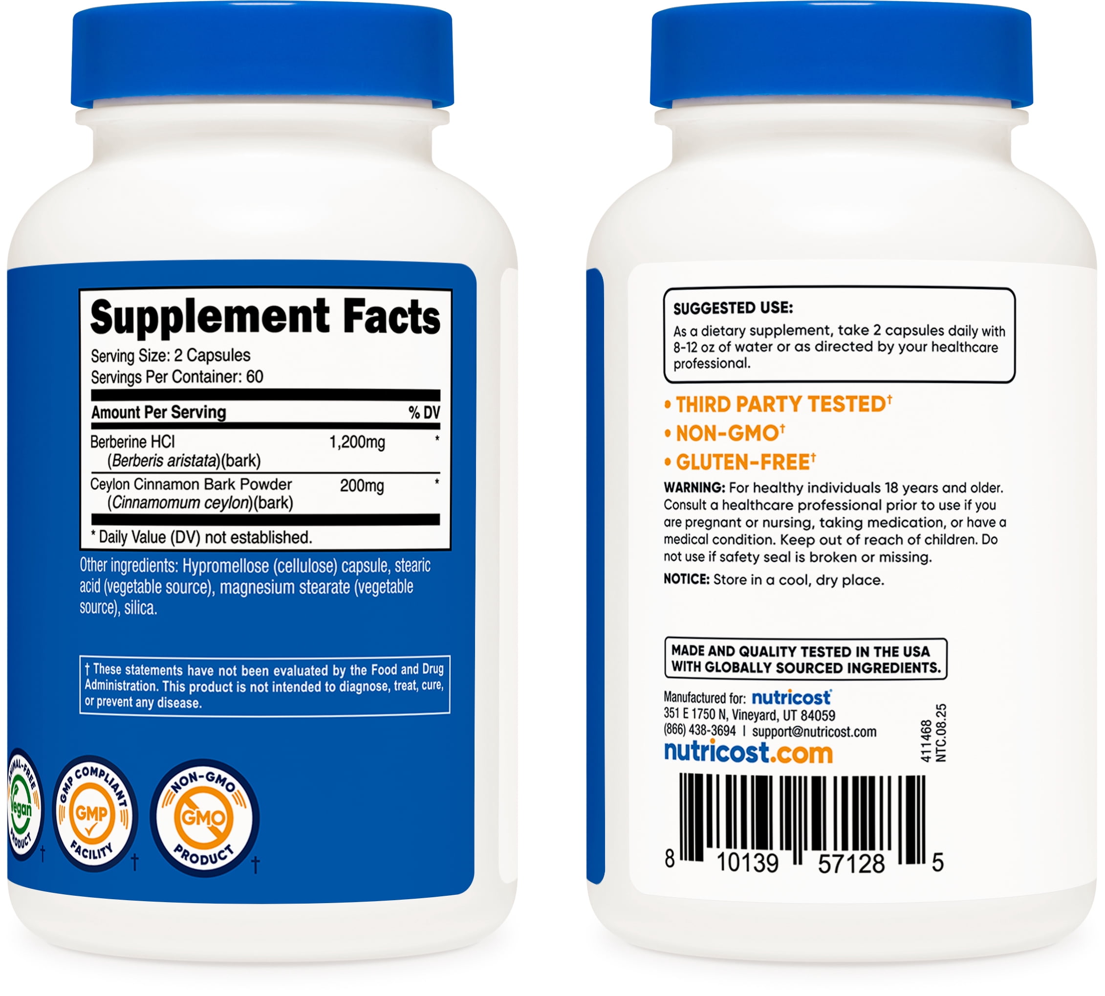Nutricost Berberine HCl with Ceylon Cinnamon Capsules (120 Count) - Non-GMO, Animal-Free Product
