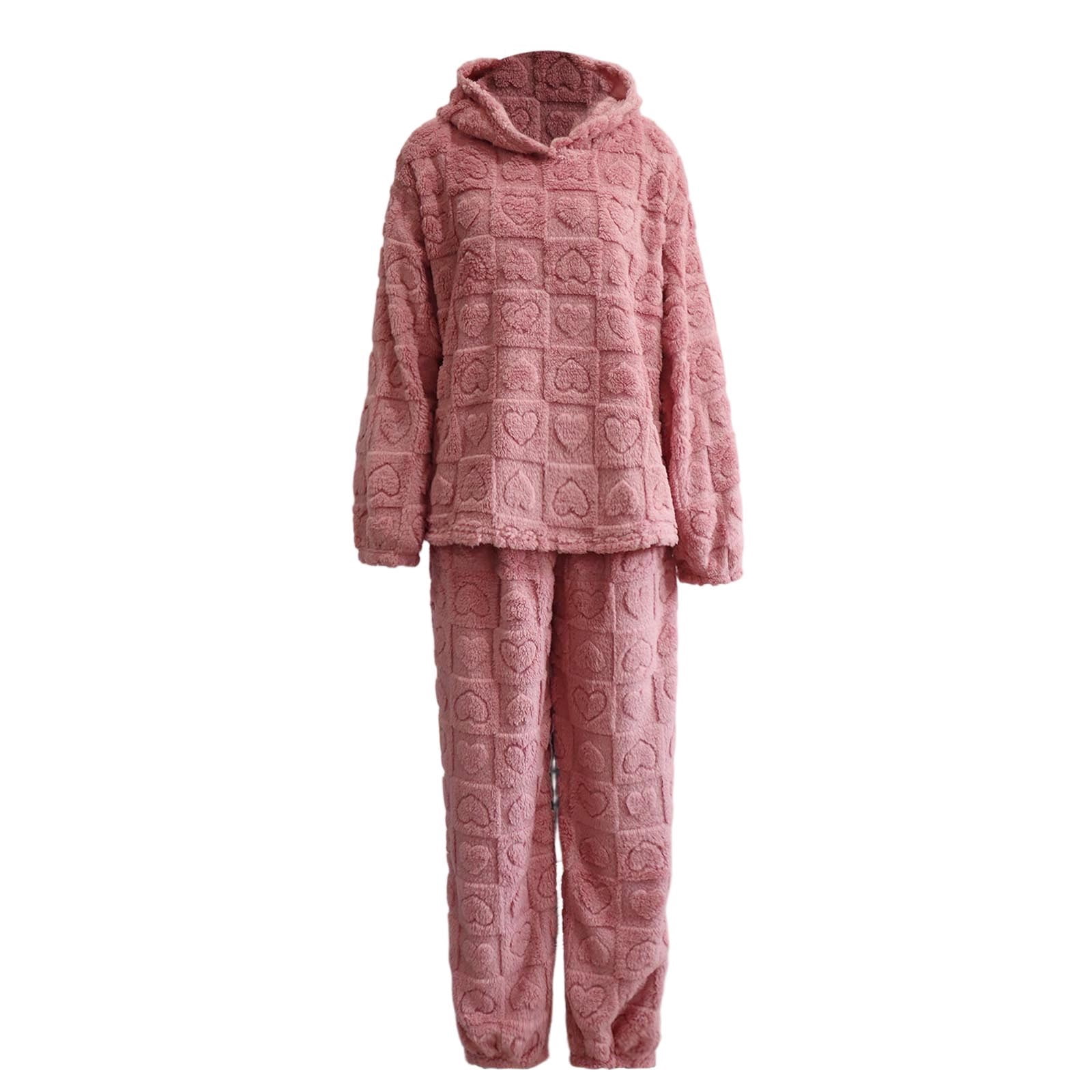 HCYSFG Women's Plush Fleece Embossed Heart Pajama Sets 2 Piece Loose Fit Hooded Long Sleeve Pullover Shirt Paired With Sleepwear Pants Pjs Set