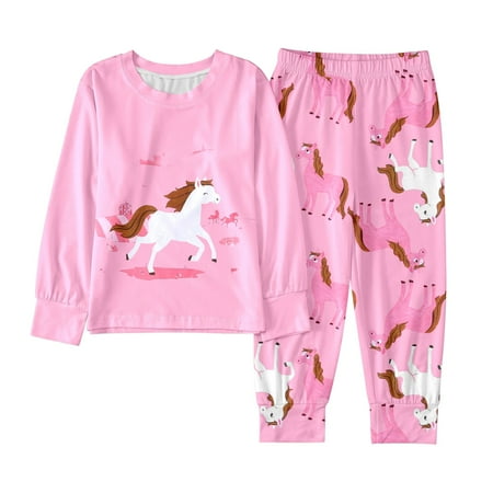 WOYY Little Girls Outfits Horse Print Long Sleeve Top Pants Snug Fit Sleepwear Set Sizes 6-7