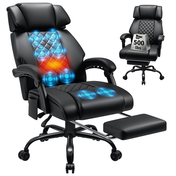 Hoffree Massage Heated Office Chair 500LBS Executive Office Chair with Footrest, Big and Tall Office Chair with Adjustable Headrest, Ergonomic Computer Desk Chair Reclining High Back Leather Office