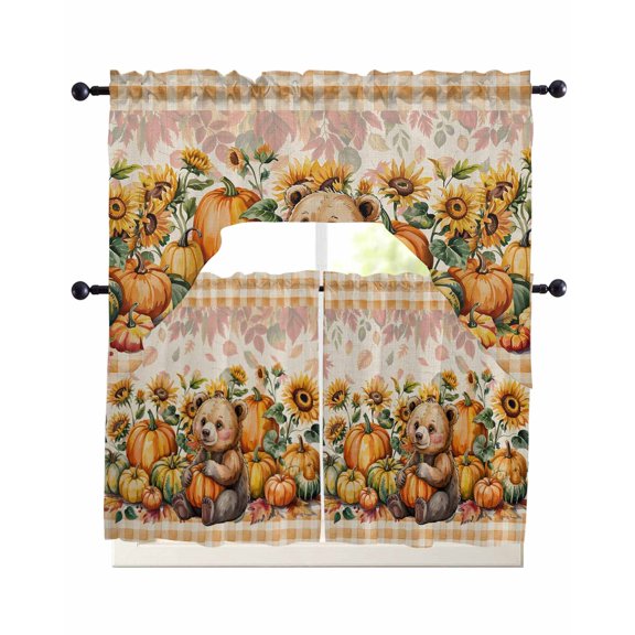 Orange Yellow Pumpkin Fall Swag Curtains for Living Room/Bedroom Windows, Thanksgiving Botanical Plaid Rustic Kitchen Curtains and Valances Set 36 Inch Length, Swags Valance Curtain Panels