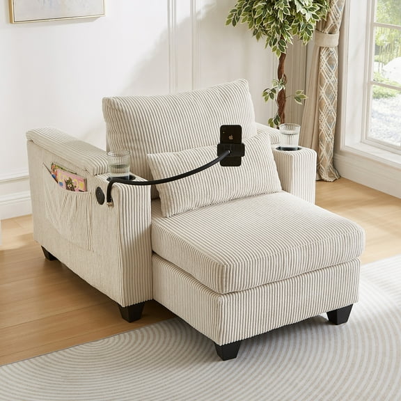 37.4" Corduroy Convertible Sofa Chair with Storage, USB Ports & Lumbar Pillow, Sleeper Design,Gray