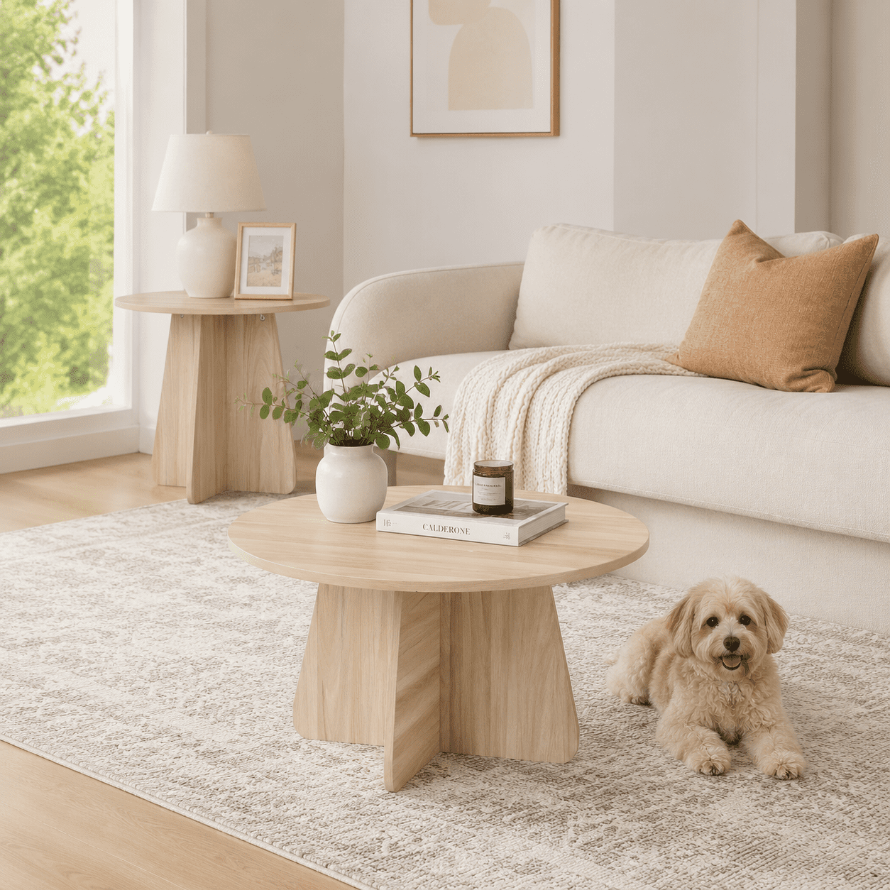Retro Round Nesting Coffee Table Set of 2, Wood Grain Veneer MDF with Crisscross Legs, Walnut & Natural Wood Finish, Space Saving Stackable Side Tables for Living Room Small Apartment