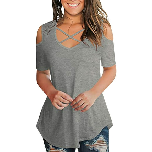 Outfmvch T-Shirts pour Femmes Épaules Dénudées Tops pour Femmes Épaules Dénudées Manches Courtes T-Shirts Tops Croisés Shirts Shirts pour Femmes Gris G