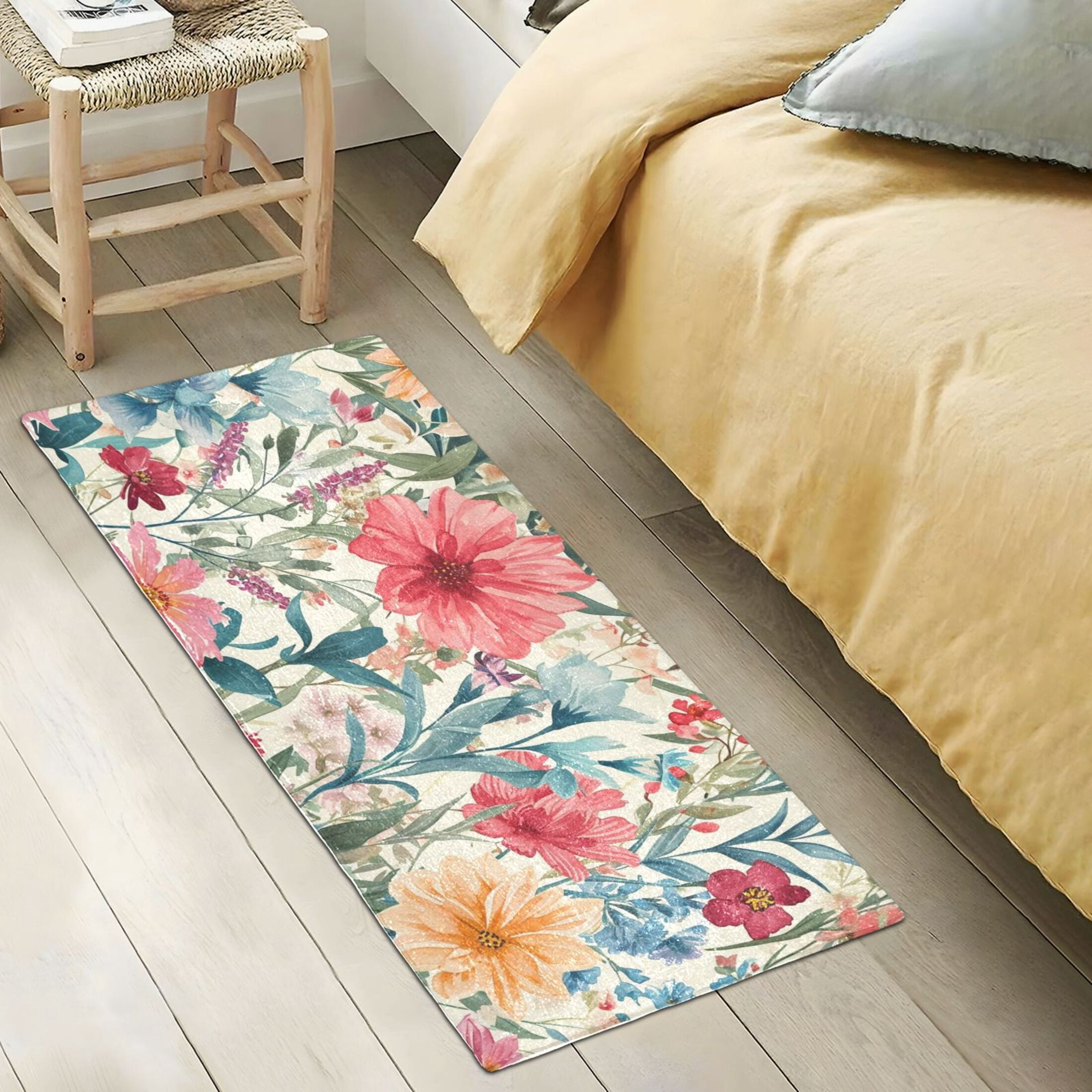 Bath Mat Soft Plush Non-Slip Absorbent Bathroom Rugs 39"x20" Watercolor Blooming Wildflowers