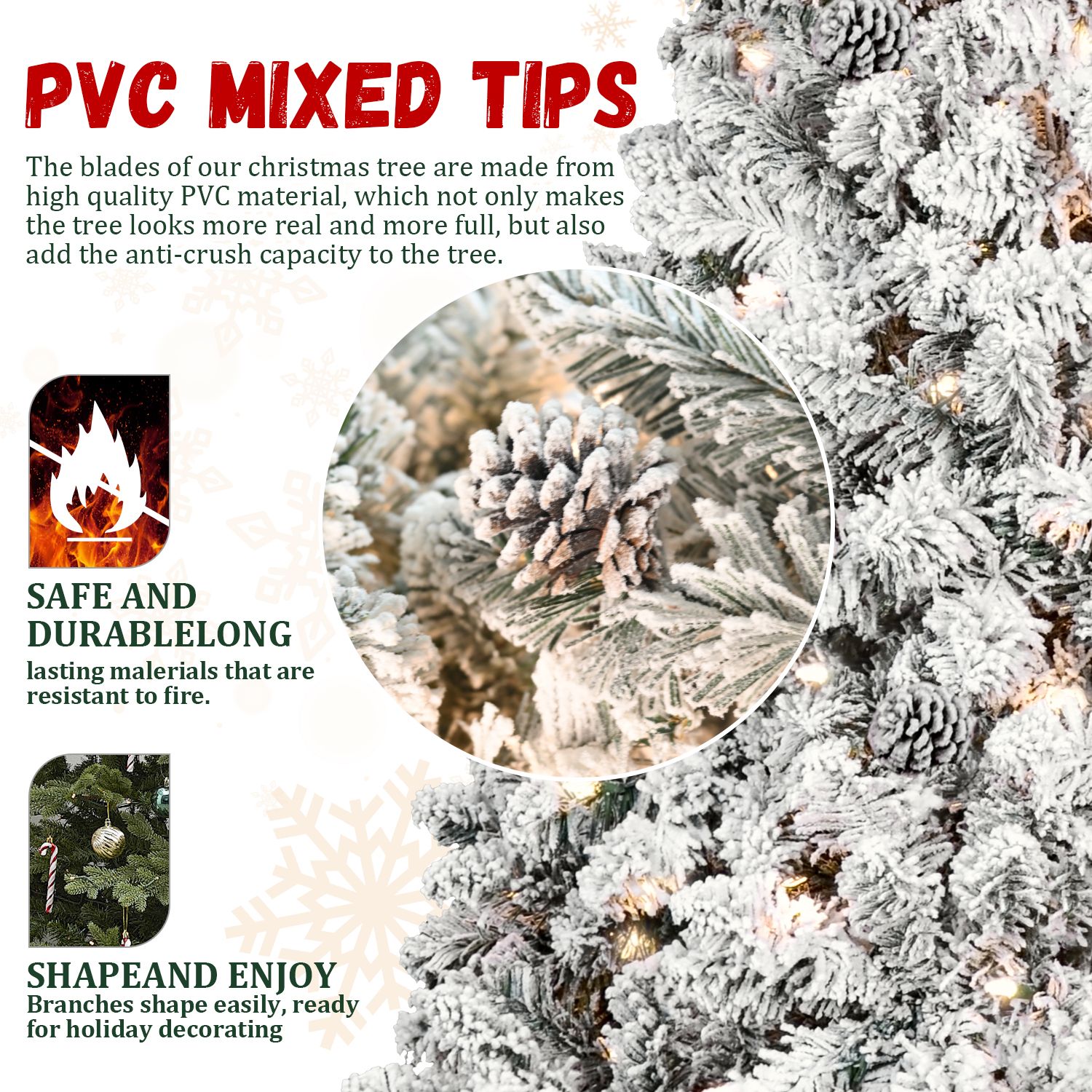 Alvantor 4FT Flocked Christmas Tree with 150 LED Lights & 21 Pine Cones & 366 Tips for Indoor Holiday Decoration White