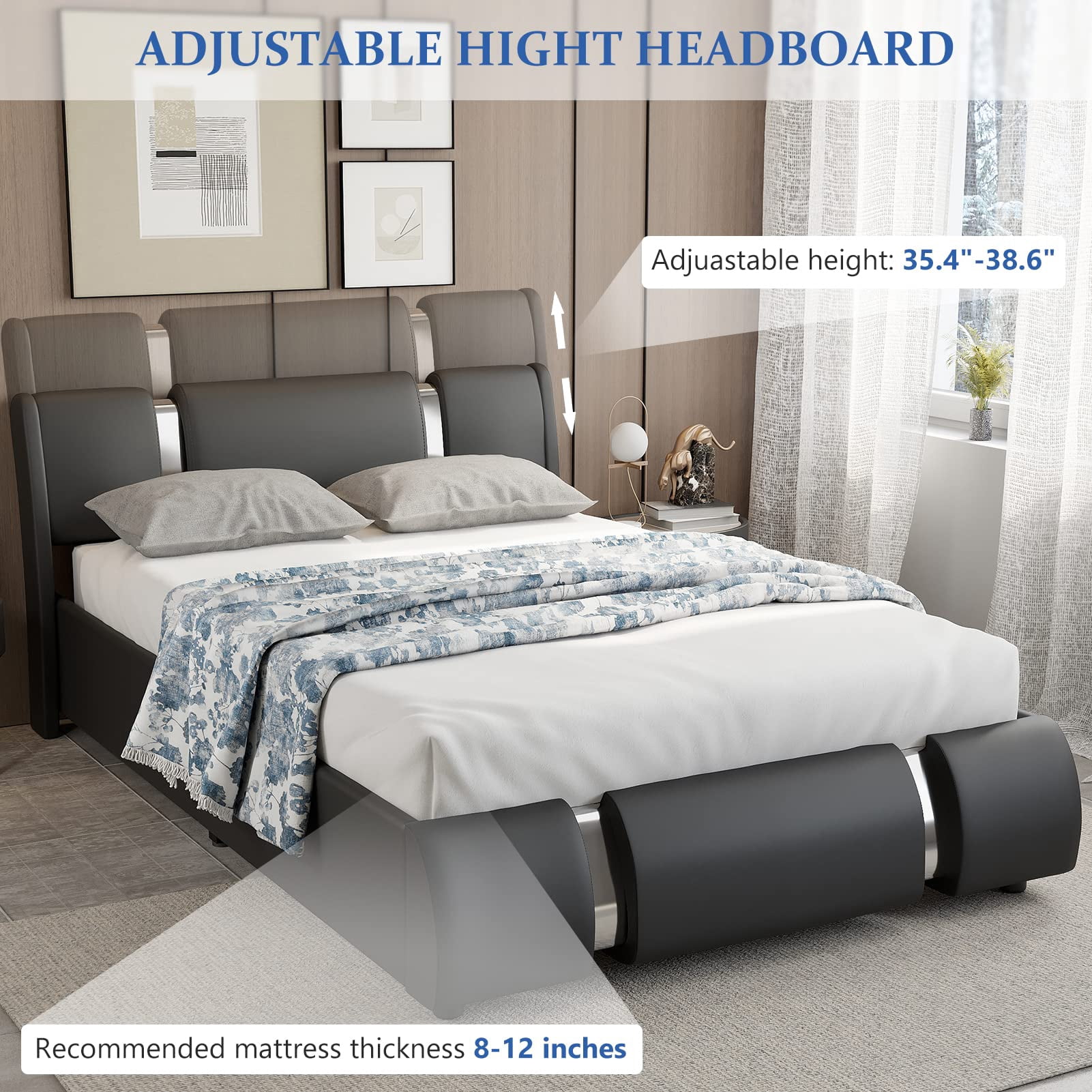 Queen Size Bed Frame with LED Light Headboard, Modern Faux Leather Platform Bed Frame Deluxe Upholstered Bed with Curved Backrest