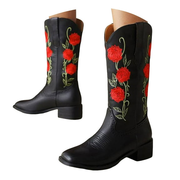 Mostsola Cowboy Boots for Women Rose Floral Embroidery Pull on Round Toe Heel Dressy Boots