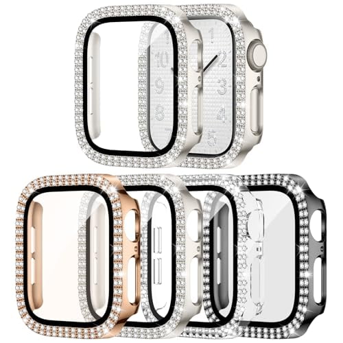 4‑Pack Anti‑Spy Bling Protective Case Compatible with Apple Watch SE3/SE2/SE/6/5/4 40mm, Rhinestone PC Bumper with Anti‑Spy Tempered‑Glass Screen Protector for iWatch 40mm