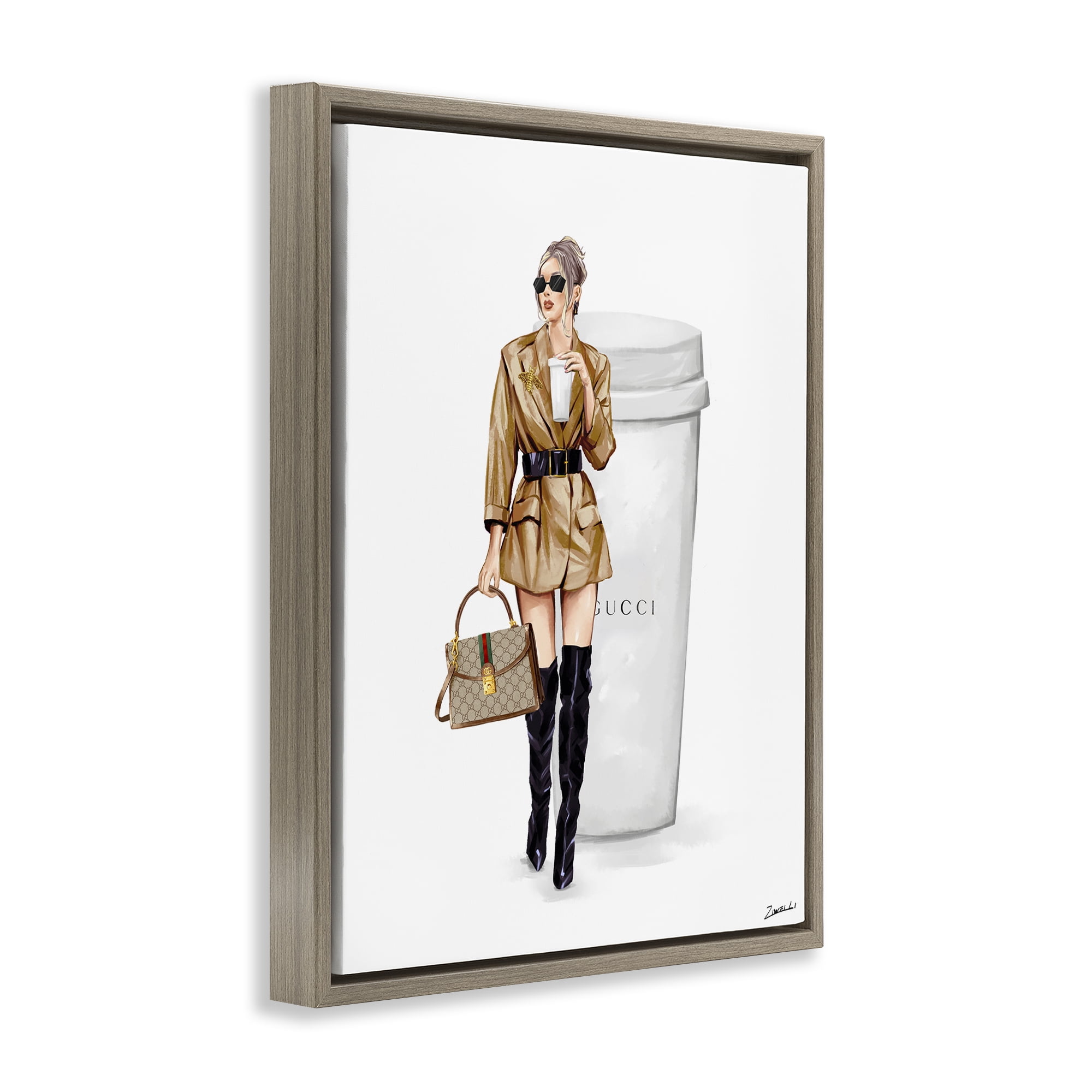 Stupell Industries Sophisticated Girl & Coffee People Painting Brown Floater Framed Canvas Art Print Wall Art, 17 x 21
