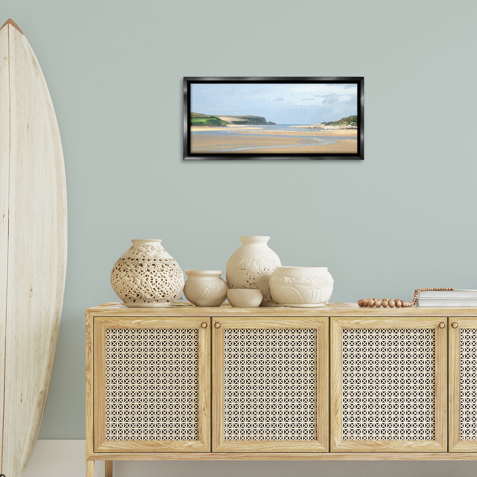 Stupell Industries Vast Beach View Landscape Painting Black Floater Framed Canvas Art Print Wall Art, 31 x 14