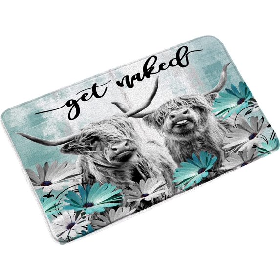 Highland Cow Bath Mat Get Naked Daisy Farmhouse Bull Longhorn Rustic Flower Floral Spring Western Cattle Funny Quote Teal Bathroom Rug Kitchen Toilet Door Rugs Memory Foam 16x24 Inch