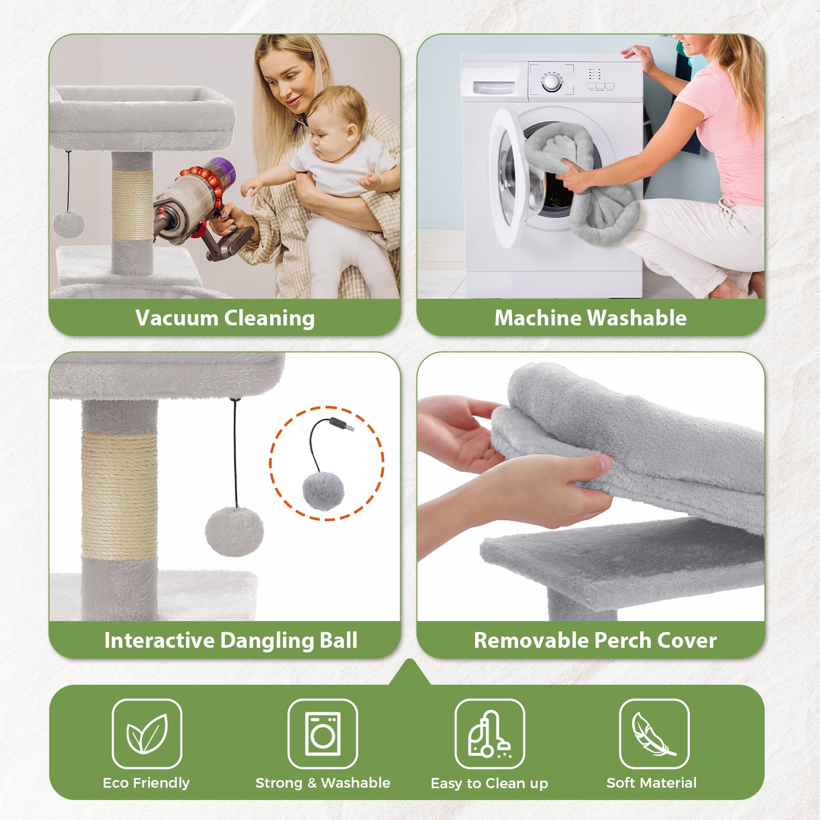 Pefilos 32" Cat Tree Tower, Cute Cat Condo with Sisal Scratching Ramp, Cozy Hammock and Removable Top Bed Perch for Indoor Kittens, Gray