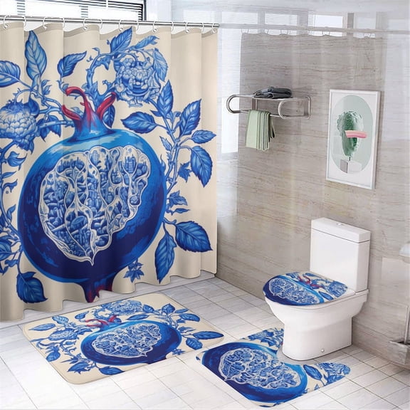 4 Piece Decor Shower Curtains Sets Fruit Pomegranate Blue Print with Non-Slip Rugs Toilet Lid Cover And Bath Mat Pomegranate Vintage Organic 12 Plastic Hooks for Bathtub Decor 72inch X 72inch