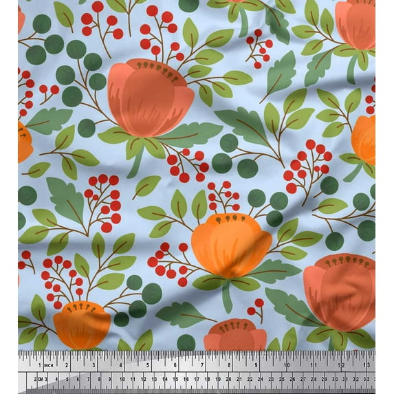 Soimoi Blue Cotton Jersey Fabric Leaves & Magnolia Floral Printed Craft Fabric by the Yard 58 Inch Wide