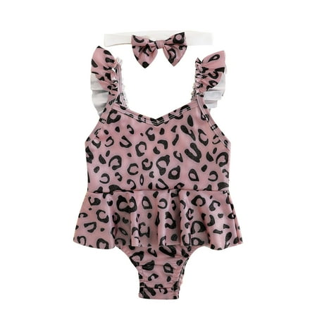 

Mikilon Quick Dry Clothes for Baby Toddler Summer Sleeveless Girls Leopard Printed Ruffles Swimwear Bikini with Headband Baby Girl Gifts Clearance for 3-6 Months Child