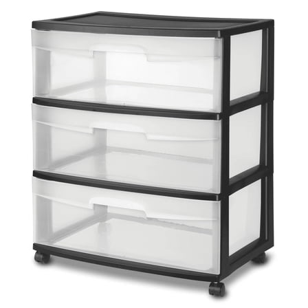 Sterilite 29309001 15-1/4" X 21-7/8" X 24" Clear & Black Wide 3 Drawer Cart
