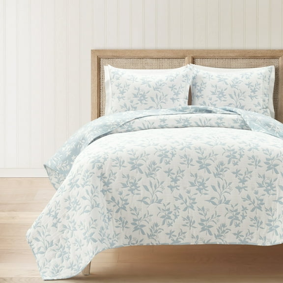 Lush Decor Floral Jacquard Reversible Soft Matelasse Quilt Set, 3 Piece Set, Full/ Queen, Blue - Floral Bedding Set - Spring Decor - Queen Bedding - Cottage & Modern Farmhouse Decor