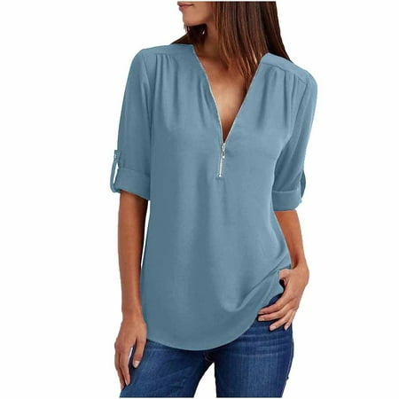 Zanvin Womens Fall Fashion Tops 2022 Clearance, Womens Summer Long Sleeve Shirts Zip Casual Tunic V-Neck Rollable Blouse Tops Blue L, Gifts for Women