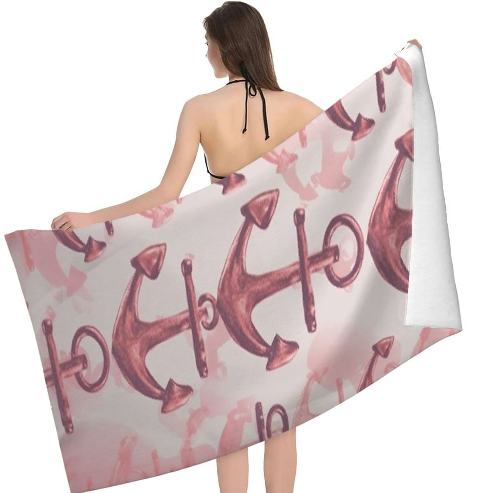 Nautical Coral Glitter Anchor Pattern Microfiber Sand Free Beach Towel Oversized Quick Dry Absorbent for Pool Swimming Bathroom Beach Towel