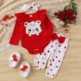thumbnail image 2 of Douhoow 2Pcs Infant Girl Valentine's Day Outfit Long Sleeve Ruffle Bear Romper+Heart Pants+Bow Headband Set, 2 of 8